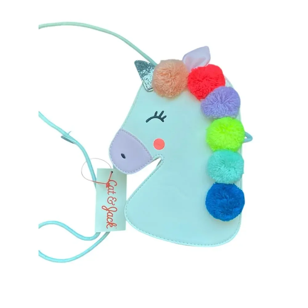 Cat & Jack White Unicorn Crossbody Bag with Rainbow Pom Poms